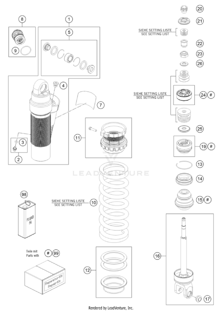Shock Absorber Disassembled 500 EXC-F US CHASSIS - 2022 Schematic