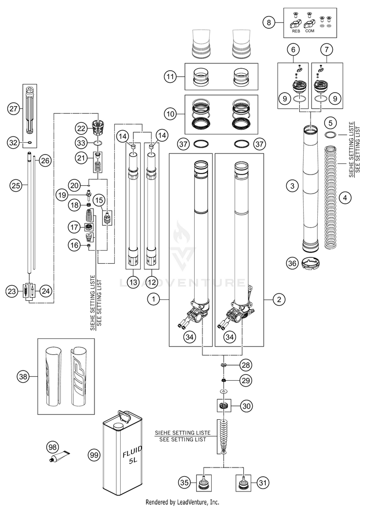 Front Fork Disassembled 250 XC-W TPI Chassis - 2021 Schematic