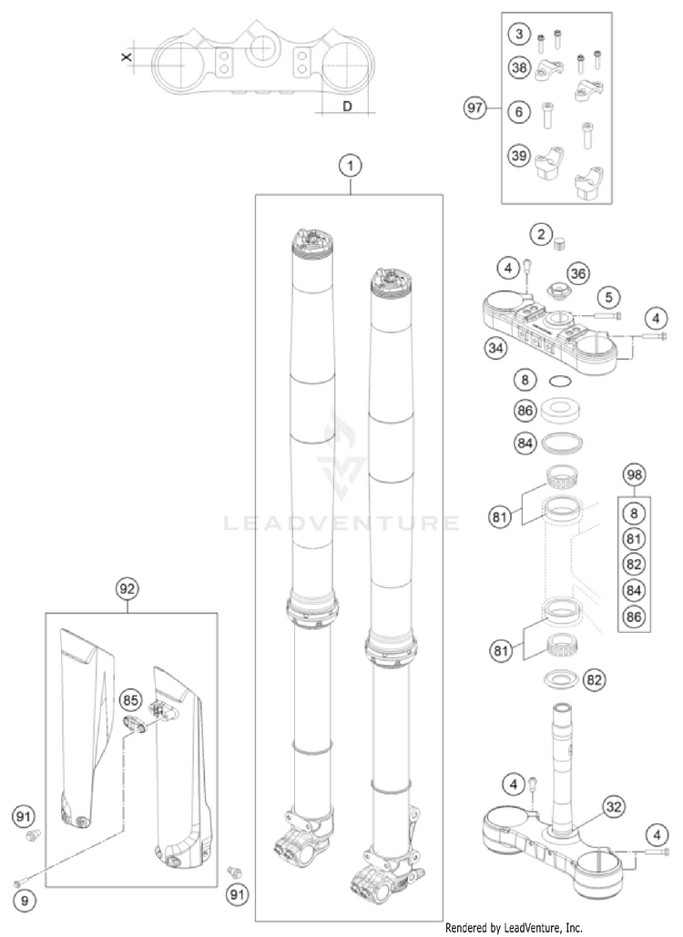 Front Fork, Triple Clamp 500 EXC-F US CHASSIS - 2022 Schematic