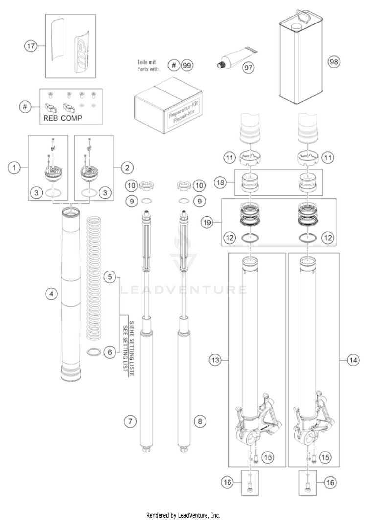 Front Fork Disassembled 1290 SUPER ADVENTURE R OT US CHASSIS - 2022 Schematic
