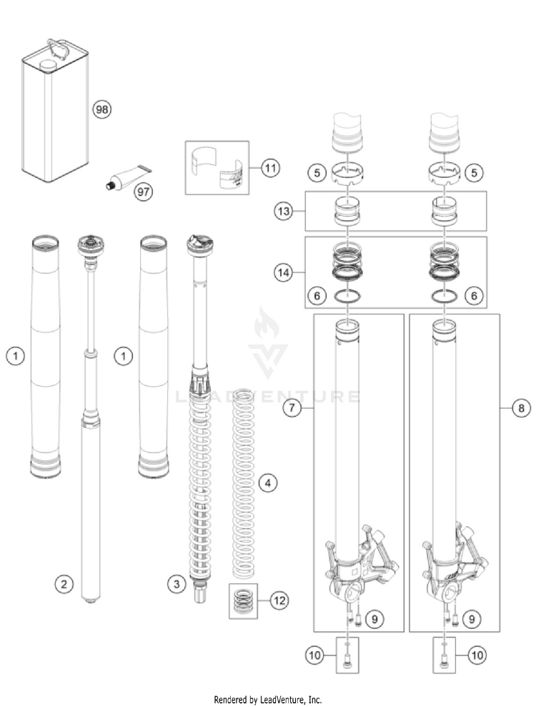 Front Fork Disassembled 1290 SUPER ADVENTURE S, orange CHASSIS - 2023 Schematic