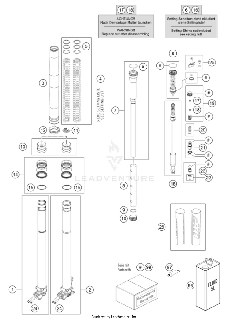 Front Fork Disassembled 500 EXC-F US CHASSIS - 2024 Schematic