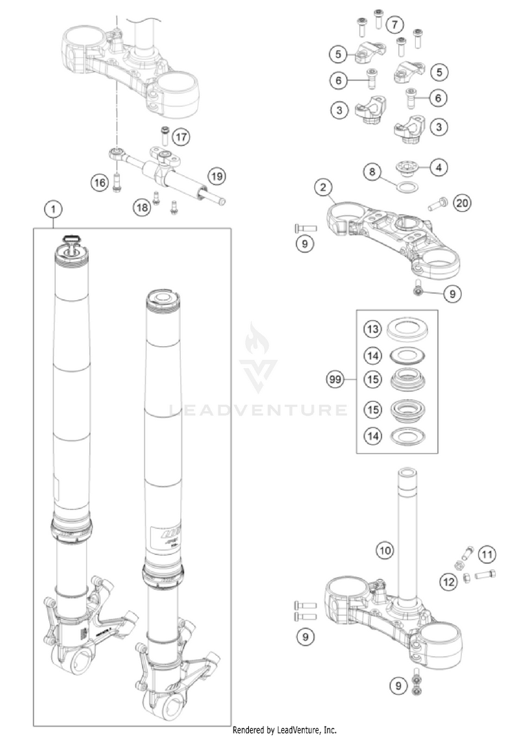 Front Fork, Triple Clamp 1390 SUPER DUKE R EVO, black CHASSIS - 2024 Schematic