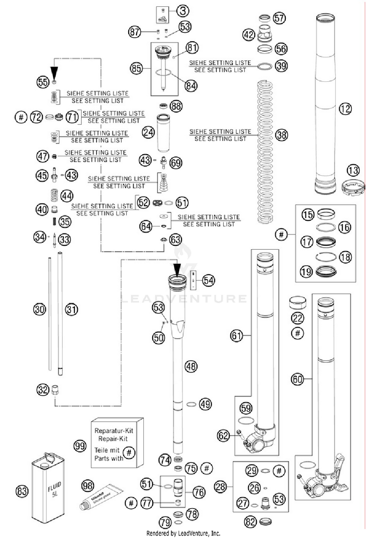 Front Fork, Disassembled 150 XC Chassis - 2012 Schematic