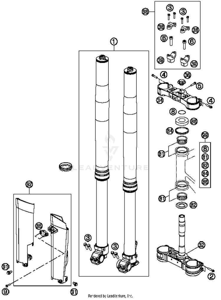 Front Fork, Triple Clamp 150 XC Chassis - 2014 Schematic