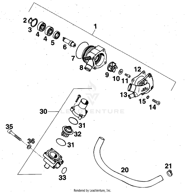 Water Pump, Thermostat 620 RXC-E Engine - 1997 Schematic