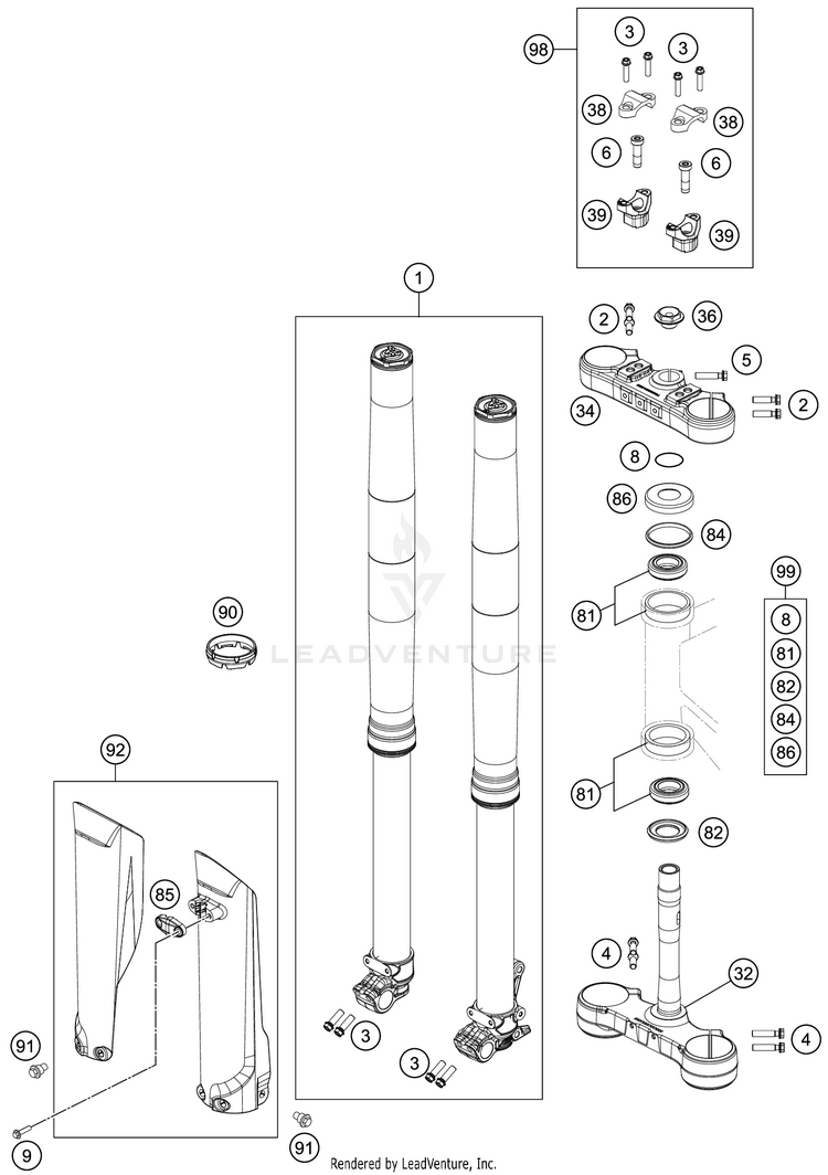 Front Fork, Triple Clamp 150 XC-W TPI CHASSIS - 2020 Schematic