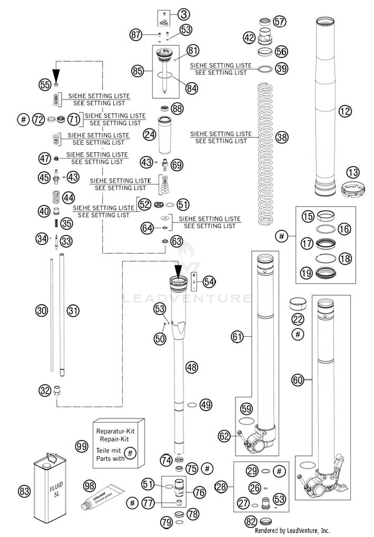 Front Fork, Disassembled 250 SX Chassis - 2012 Schematic