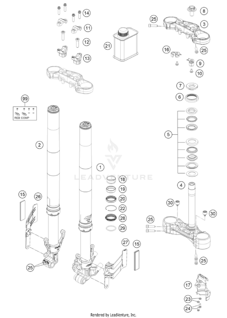 Front Fork, Triple Clamp 390 ADVENTURE SPOKE W, orange-B.D. CHASSIS - 2024 Schematic
