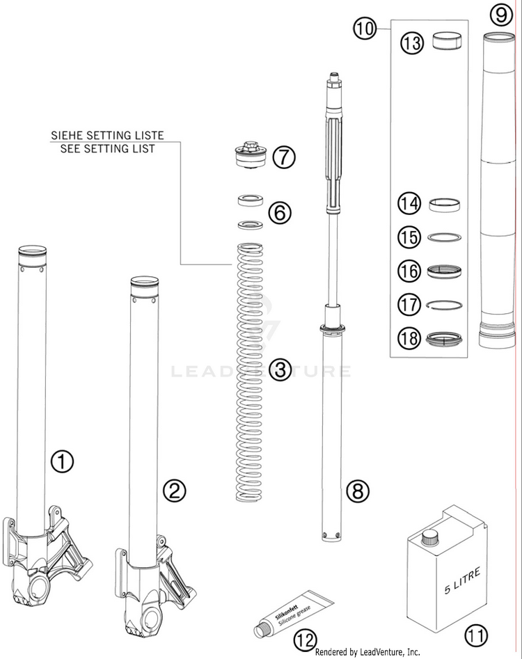 Front Fork, Disassembled 990 Supermoto T Orange Chassis - 2010 Schematic