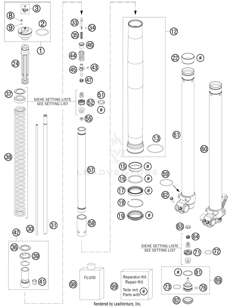 Front Fork Disassembled 105 SX Chassis - 2011 Schematic