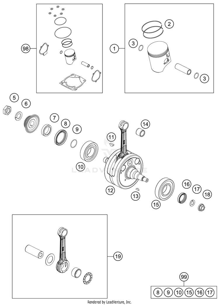 Crankshaft, Piston 250 XC TPI Engine - 2021 Schematic