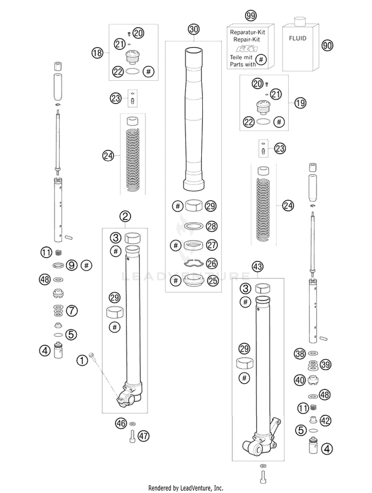 Front Fork, Disassembled 65 XC Chassis - 2009 Schematic