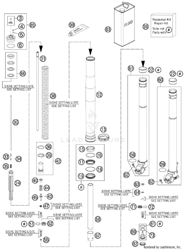 Front Fork, Disassembled 500 EXC Chassis - 2012 Schematic