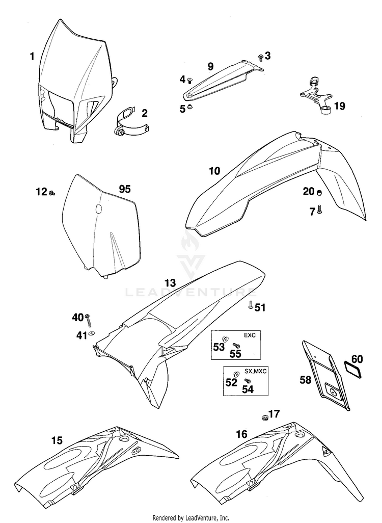 Fenders, Mask 250 EXC Chassis - 2000 Schematic