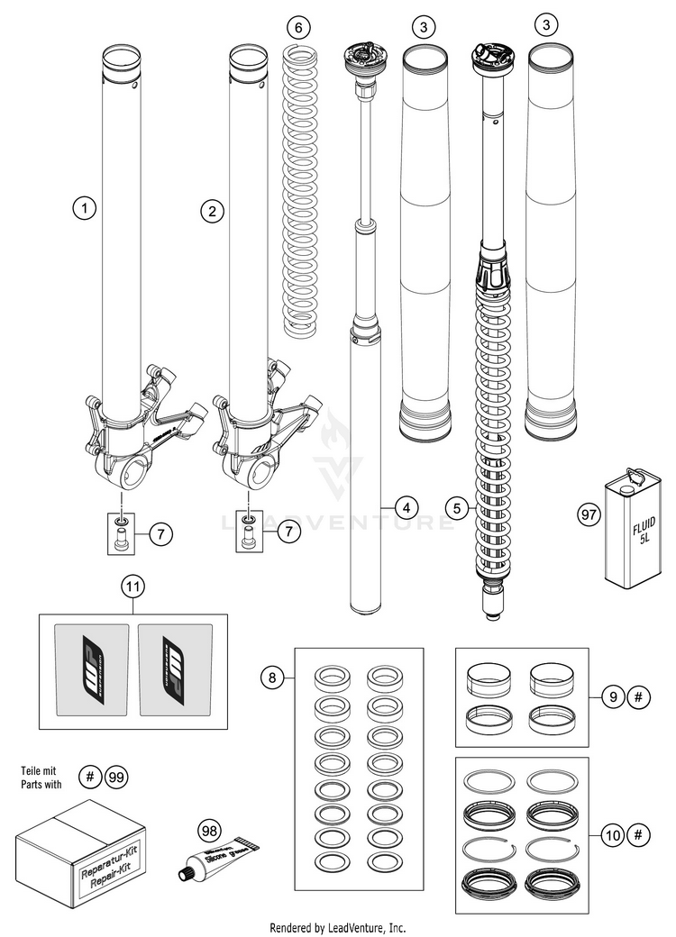 Front Fork Disassembled 1290 SUPER ADVENTURE S SILVER CHASSIS - 2020 Schematic