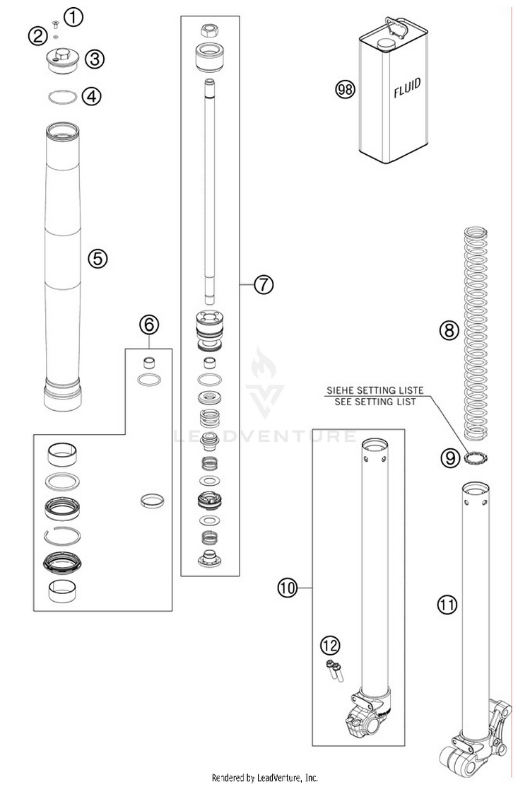 Front Fork, Disassembled 50 SX Mini Chassis - 2012 Schematic