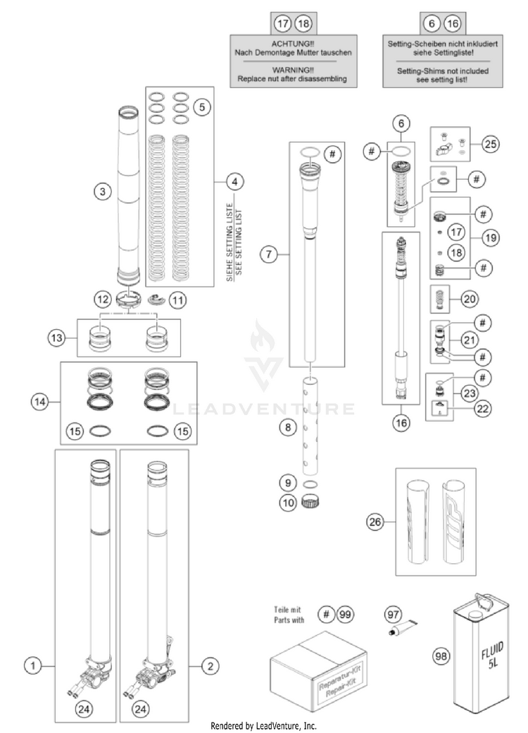 Front Fork Disassembled 500 EXC-F CHASSIS - 2025 Schematic