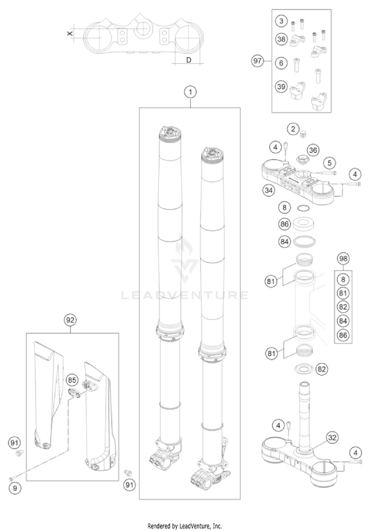 Front Fork, Triple Clamp 350 EXC-F US CHASSIS - 2022 Schematic