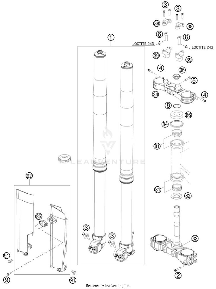 Front Fork, Triple Clamp 250 XC Chassis - 2012 Schematic