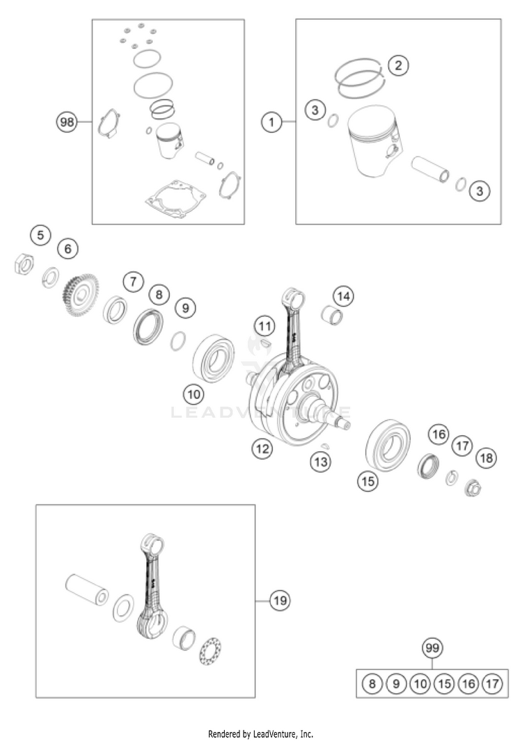 Crankshaft, Piston 250 XC TPI Engine - 2022 Schematic