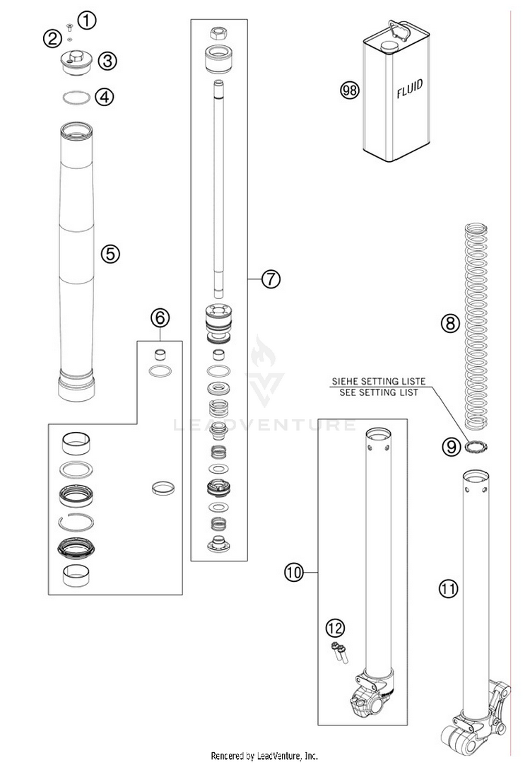 Front Fork, Disassembled 50 SX Chassis - 2012 Schematic