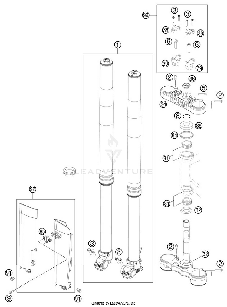 Front Fork, Triple Clamp 250 XCFW Chassis - 2012 Schematic