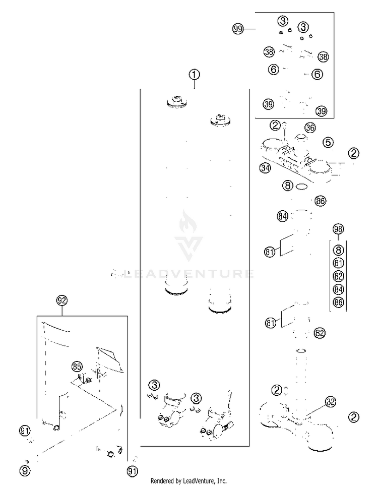 Front Fork, Triple Clamp 350 EXC-F USA Chassis - 2013 Schematic