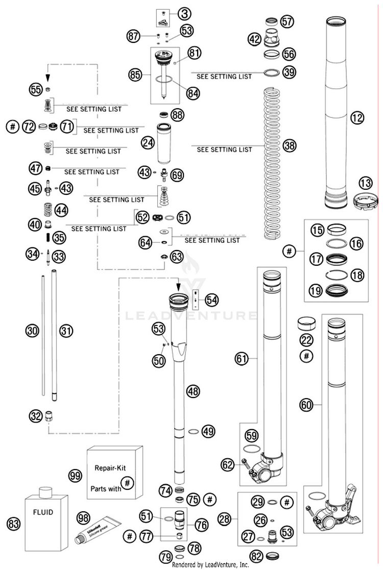 Front Fork, Disassembled 250 SX-F Chassis - 2010 Schematic