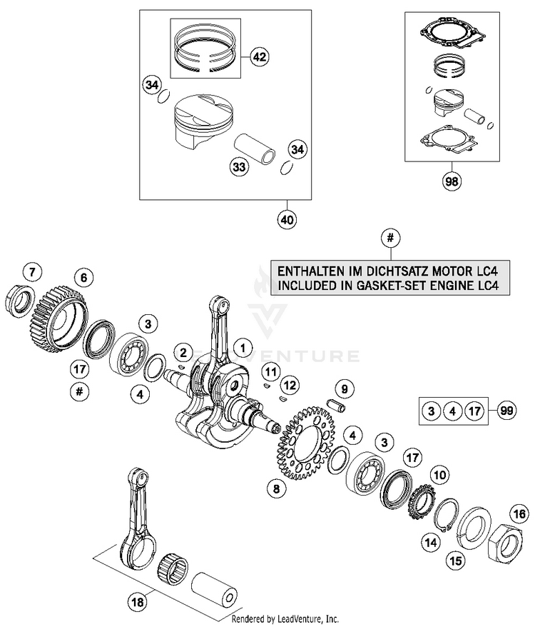 Crankshaft, Piston 690 ENDURO R Engine - 2016 Schematic