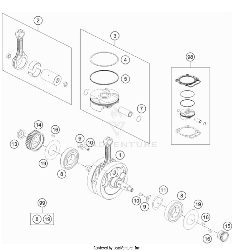 Crankshaft, Piston 500 EXC-F USA Engine - 2022 Schematic