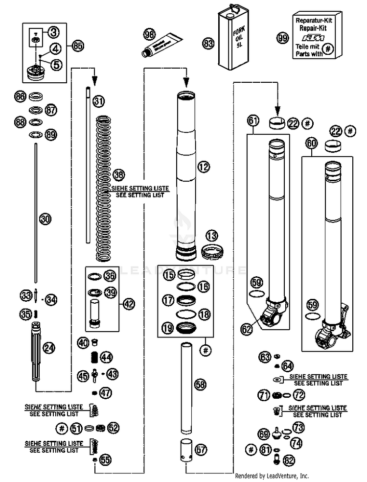 Front Fork, Disassembled 690 Enduro Chassis - 2012 Schematic