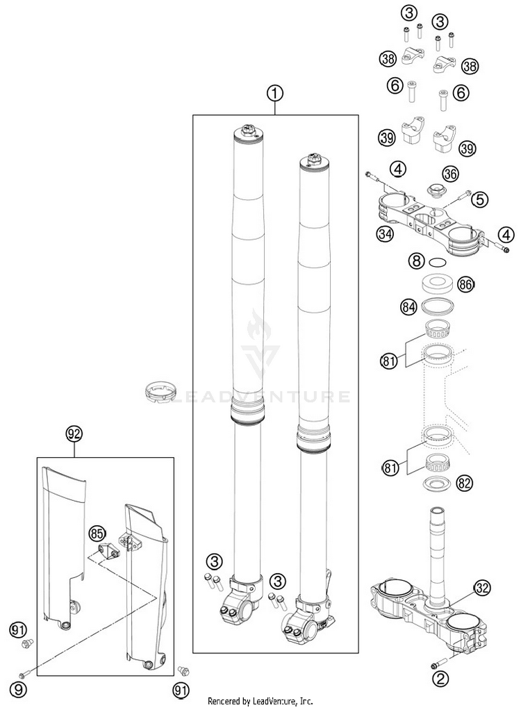 Front Fork, Triple Clamp 250 SX Chassis - 2012 Schematic