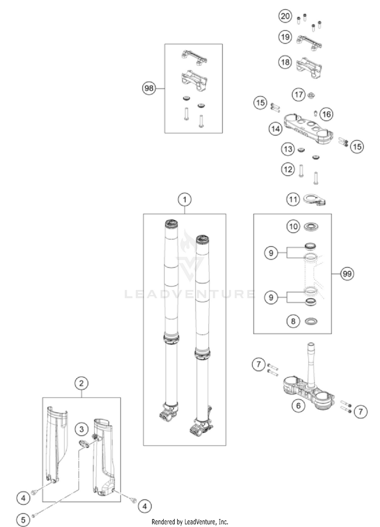 Front Fork, Triple Clamp 500 EXC-F US CHASSIS - 2024 Schematic