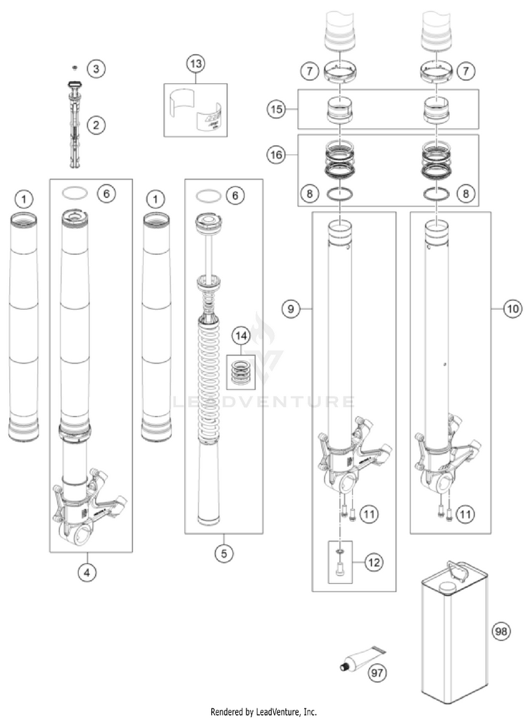 Front Fork Disassembled 1390 SUPER DUKE R EVO, black CHASSIS - 2024 Schematic