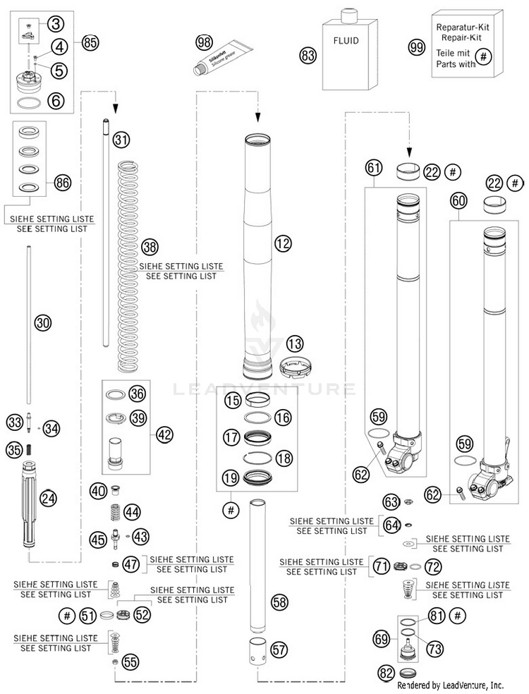 Front Fork, Disassembled 250 XCFW Chassis - 2012 Schematic