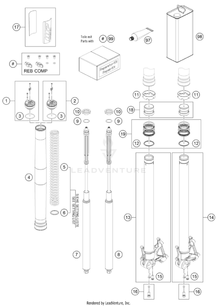 Front Fork Disassembled 1290 SUPER ADVENTURE R OT CHASSIS - 2024 Schematic