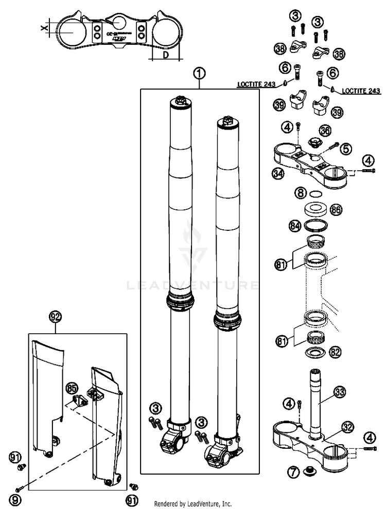 Front Fork, Triple Clamp 505 SX-F Chassis - 2008 Schematic