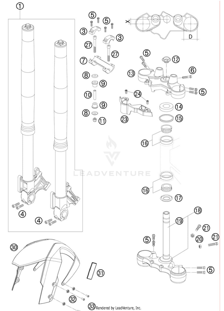 Front Fork, Triple Clamp 990 Supermoto T Orange Chassis - 2010 Schematic