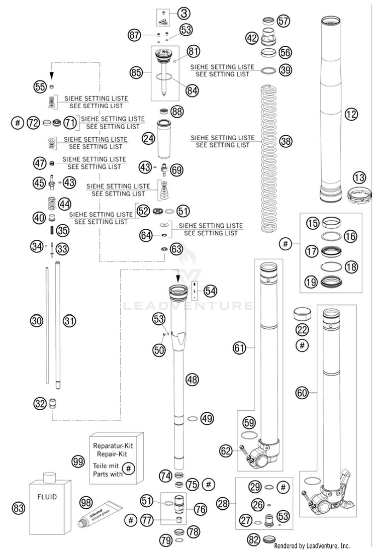 Front Fork, Disassembled 250 SX Chassis - 2011 Schematic