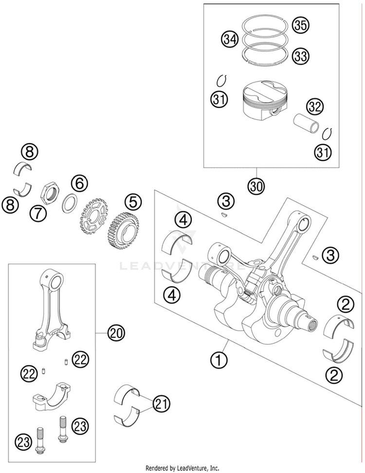 Crankshaft, Piston 990 Supermoto T Engine - 2010 Schematic