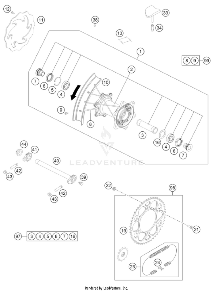 Rear Wheel 500 EXC-F US CHASSIS - 2024 Schematic