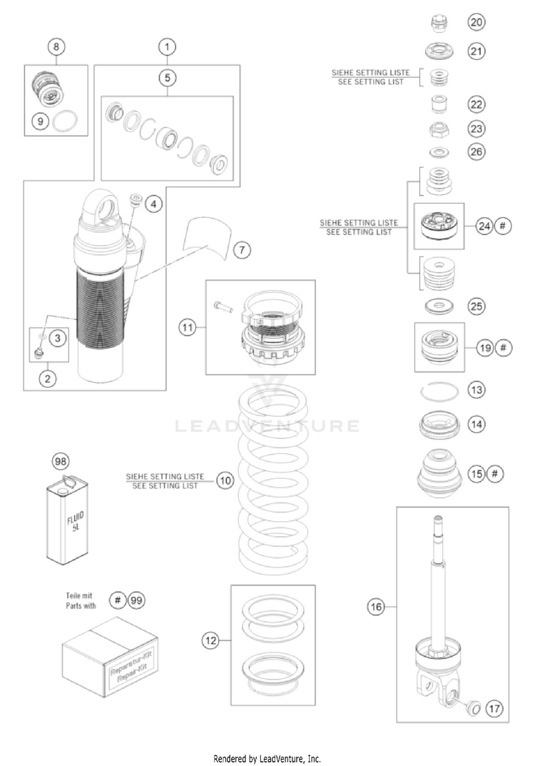 Shock Absorber Disassembled 350 EXC-F US CHASSIS - 2022 Schematic