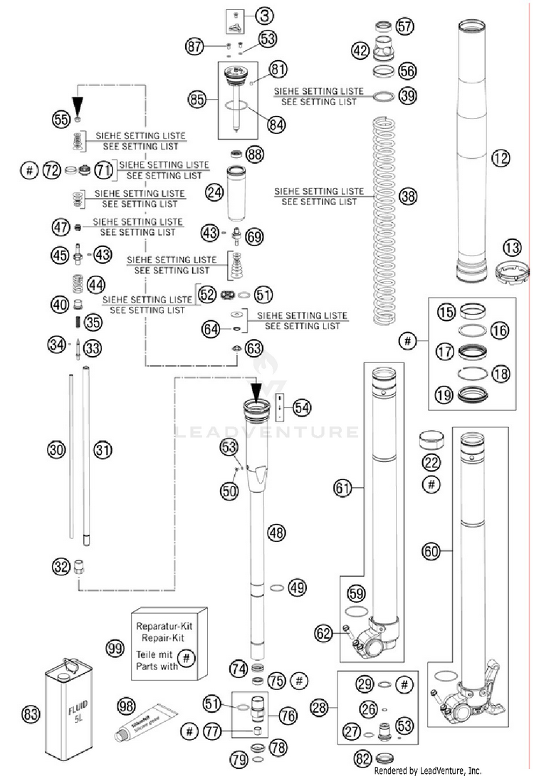 Front Fork, Disassembled 300 XC Chassis - 2012 Schematic
