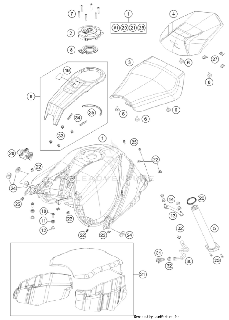 Tank, Seat 1390 SUPER DUKE R EVO, black CHASSIS - 2024 Schematic