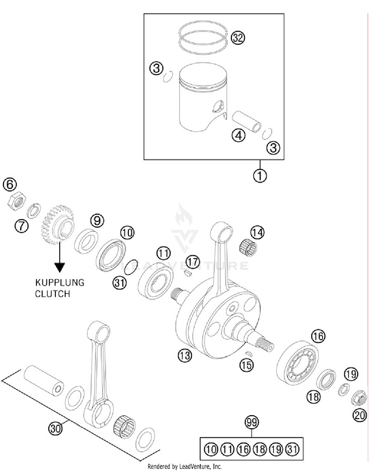 Crankshaft, Piston 250 XC Engine - 2012 Schematic