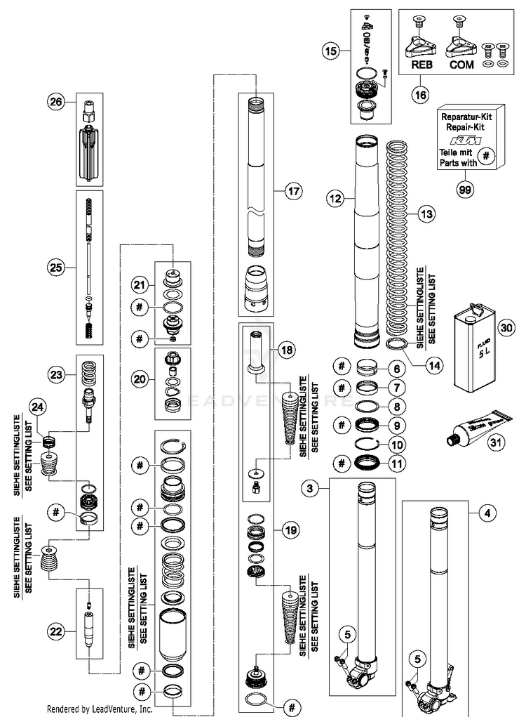 Front Fork, Disassembled 300 XCW Sixdays Chassis - 2014 Schematic