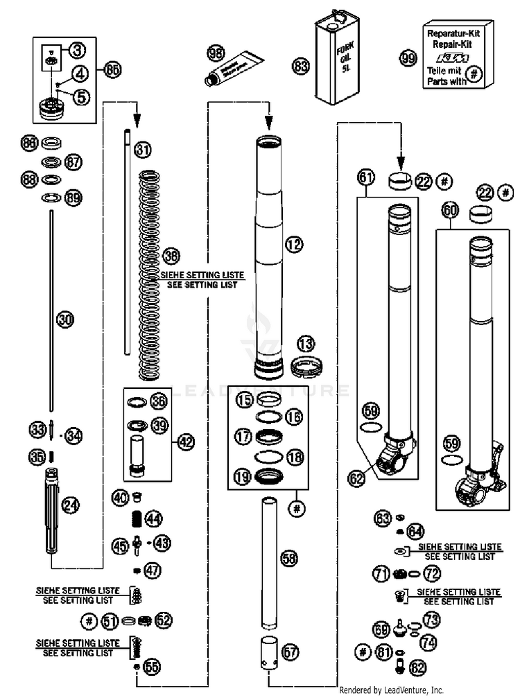 Front Fork, Disassembled 690 Enduro Chassis - 2011 Schematic