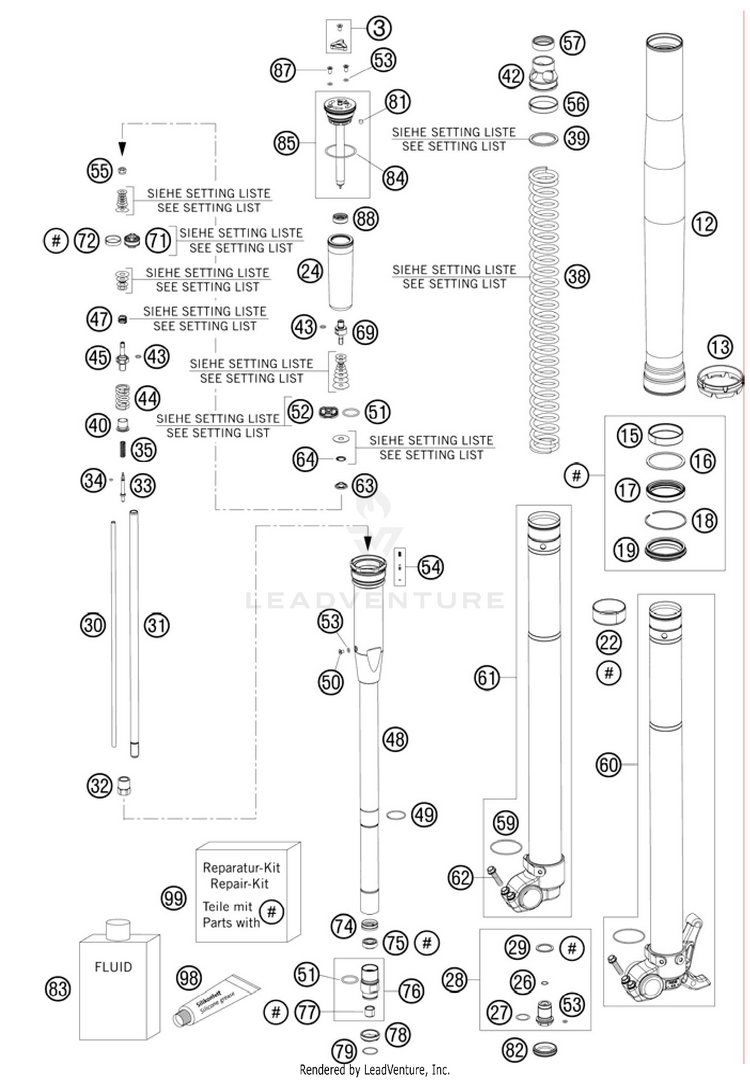 Front Fork, Disassembled 250 XC Chassis - 2011 Schematic