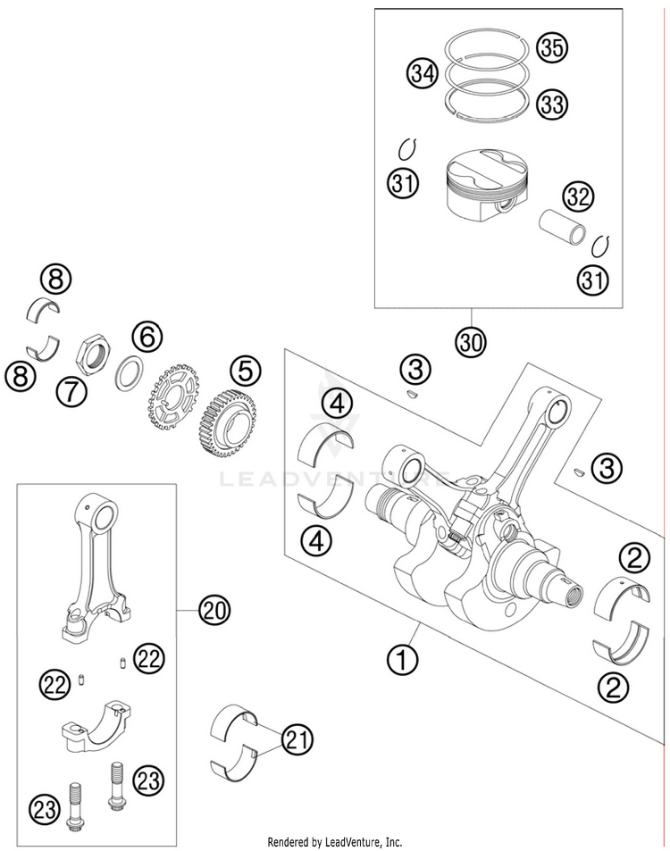 Crankshaft, Piston 990 Supermoto R Engine - 2010 Schematic